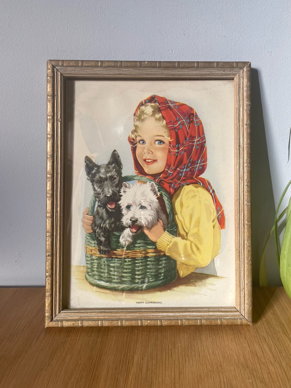 Vintage 1950s Framed Art Print "Happy Companions" Girl Scottie & Westie Dogs 7x9